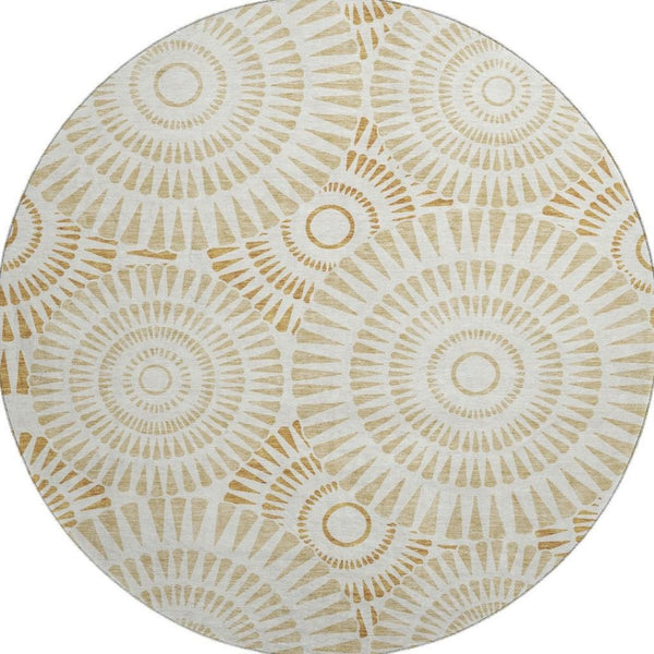 HomeRoots 8' Gold and Ivory Washable Round Rug with Geometric Design, UV Protection for Modern Living Spaces 669778