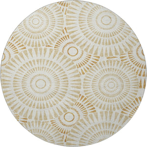 HomeRoots 8' Gold and Ivory Washable Round Rug with Geometric Design, UV Protection for Modern Living Spaces 669778