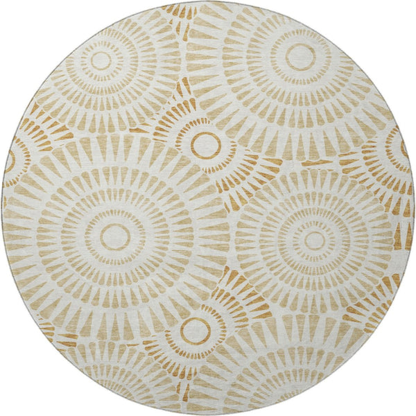 HomeRoots 8' Gold and Ivory Washable Round Rug with Geometric Design, UV Protection for Modern Living Spaces 669778