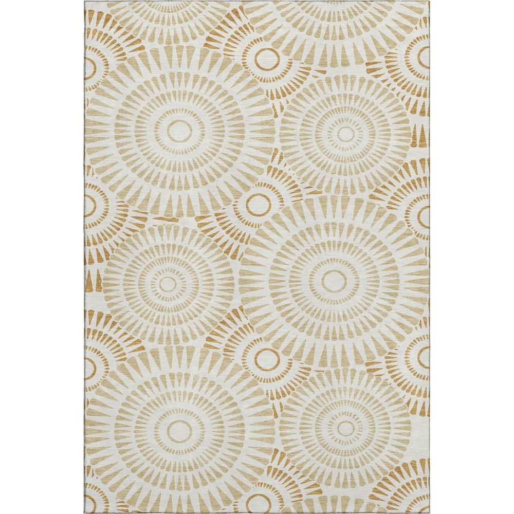 HomeRoots 8' X 10' Gold And Ivory Geometric Area Rug – Washable, UV-Protected, Durable for High-Traffic Spaces 669779
