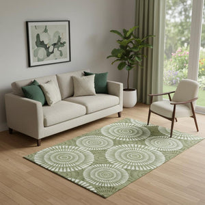 HomeRoots 5' X 8' Green and Ivory Geometric Area Rug – Durable, Washable, UV Protected for High Traffic Spaces! 669789