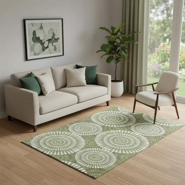 HomeRoots 5' X 8' Green and Ivory Geometric Area Rug – Durable, Washable, UV Protected for High Traffic Spaces! 669789