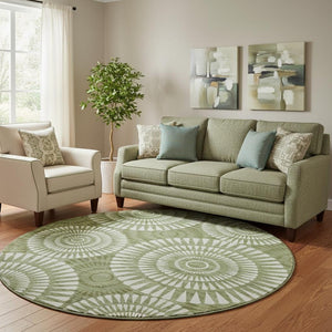 HomeRoots 8' Washable Round Rug in Green and Ivory with UV Protection, Stain Resistance & Modern Design 669790