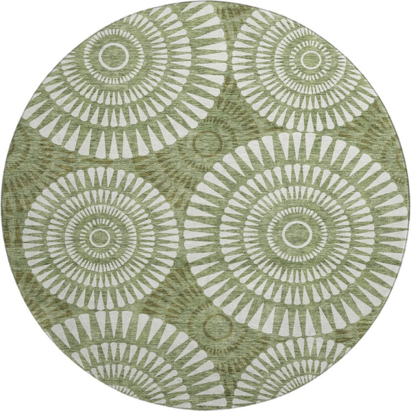HomeRoots 8' Washable Round Rug in Green and Ivory with UV Protection, Stain Resistance & Modern Design 669790