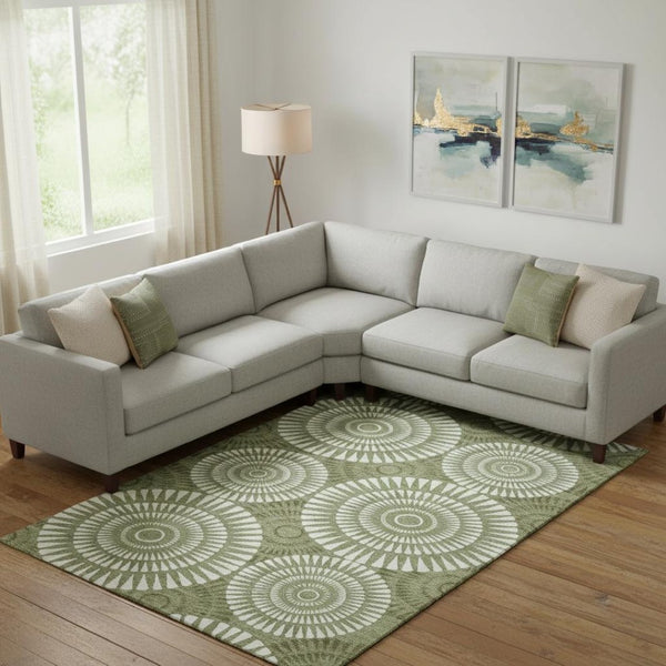 HomeRoots 9' X 12' Green And Ivory Geometric Area Rug – Washable, UV-Protected, Perfect for Busy Homes! 669792