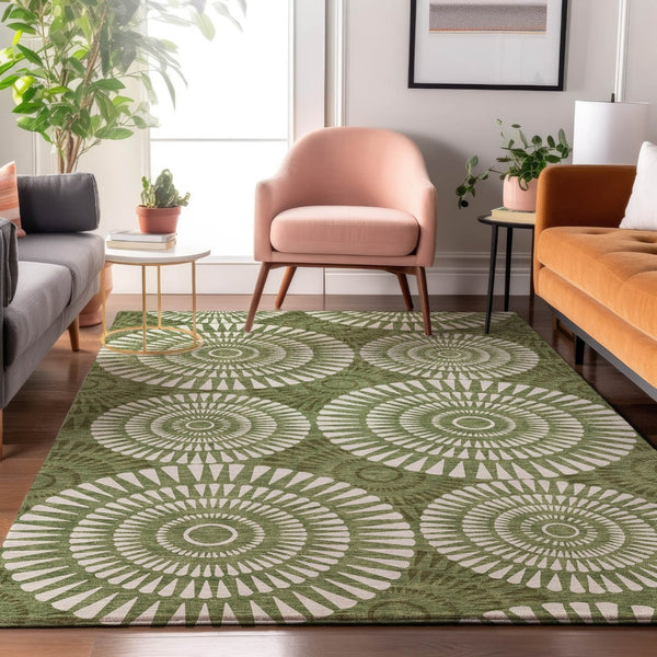 HomeRoots 9' X 12' Green And Ivory Geometric Area Rug – Washable, UV-Protected, Perfect for Busy Homes! 669792
