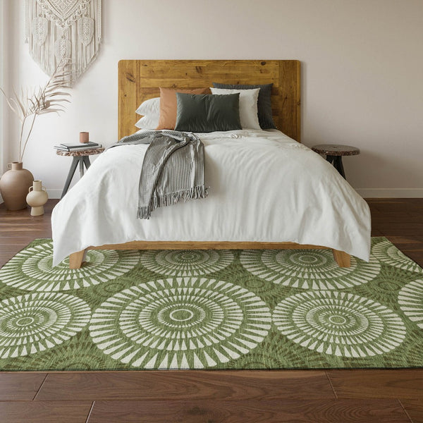 HomeRoots 9' X 12' Green And Ivory Geometric Area Rug – Washable, UV-Protected, Perfect for Busy Homes! 669792