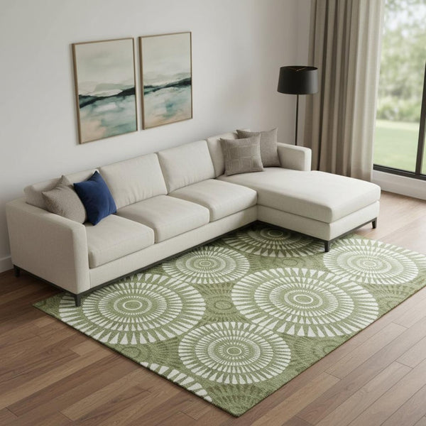 HomeRoots 10' X 14' Green and Ivory Geometric Washable Area Rug - Stylish, Durable, UV Protected for High-Traffic Rooms 669793