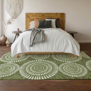 HomeRoots 10' X 14' Green and Ivory Geometric Washable Area Rug - Stylish, Durable, UV Protected for High-Traffic Rooms 669793