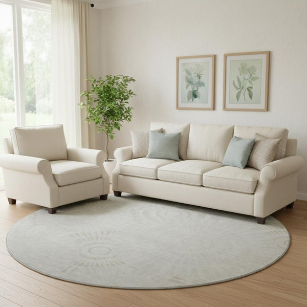 HomeRoots 8' Washable Round Rug in Ivory & Beige Geometric Design - UV Protected, Durable & Easy Care for Homes 669796