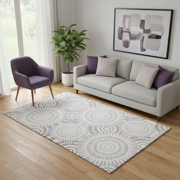 HomeRoots 5' X 8' Modern Lavender & Ivory Geometric Area Rug - Washable, UV-Protected, Pet-Friendly Comfort 669801