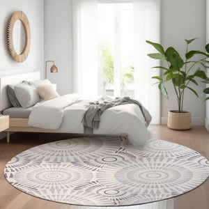 HomeRoots 8' Lavender and Ivory Geometric Round Rug - Washable, UV-Protected, Modern Design for Busy Homes 669802