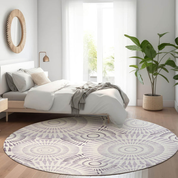 HomeRoots 8' Lavender and Ivory Geometric Round Rug - Washable, UV-Protected, Modern Design for Busy Homes 669802