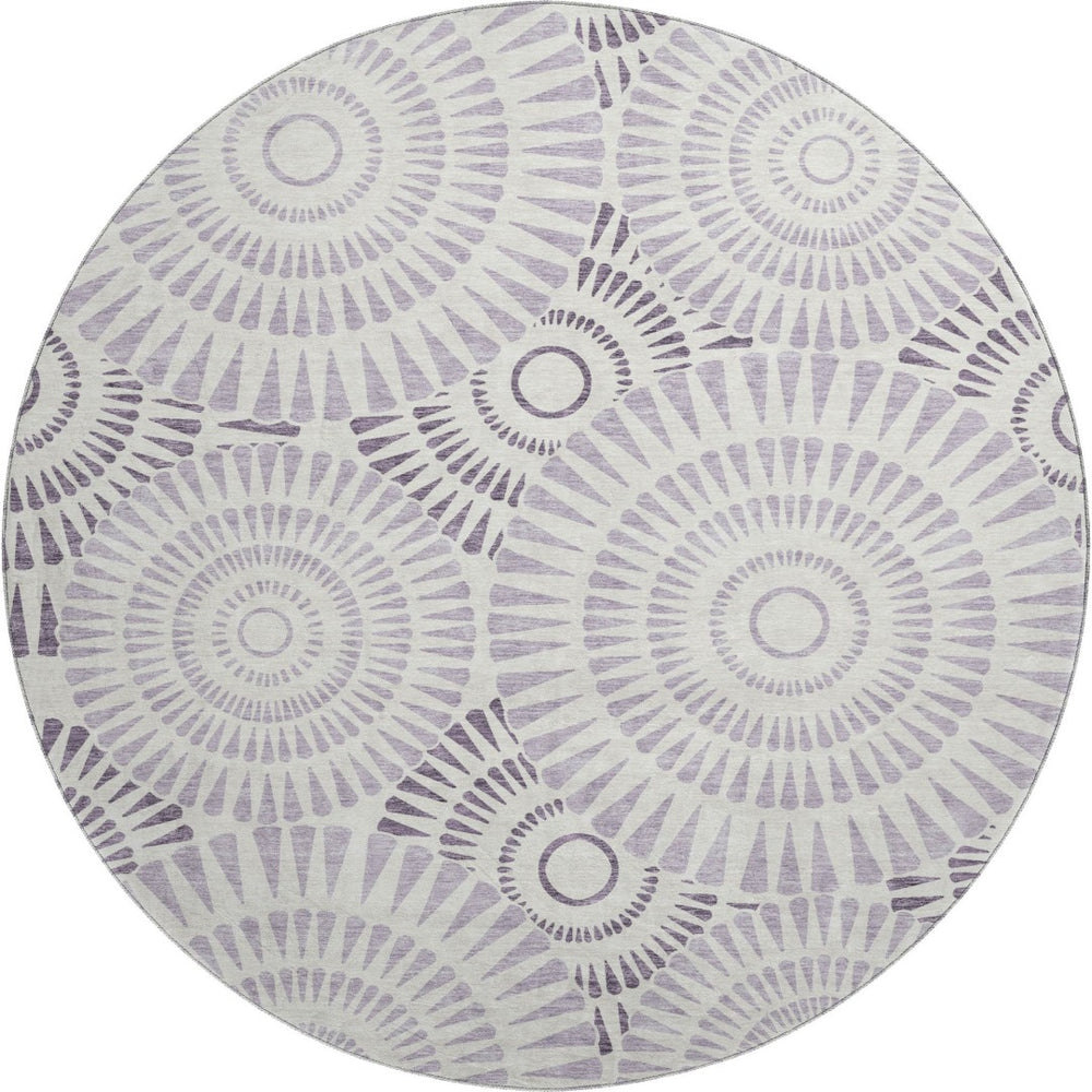 HomeRoots 8' Lavender and Ivory Geometric Round Rug - Washable, UV-Protected, Modern Design for Busy Homes 669802