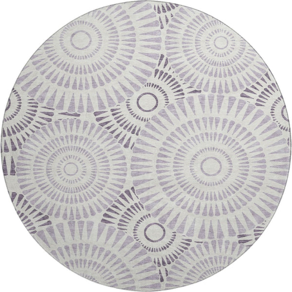 HomeRoots 8' Lavender and Ivory Geometric Round Rug - Washable, UV-Protected, Modern Design for Busy Homes 669802