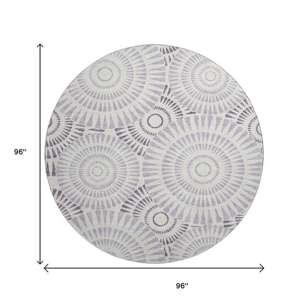 HomeRoots 8' Lavender and Ivory Geometric Round Rug - Washable, UV-Protected, Modern Design for Busy Homes 669802