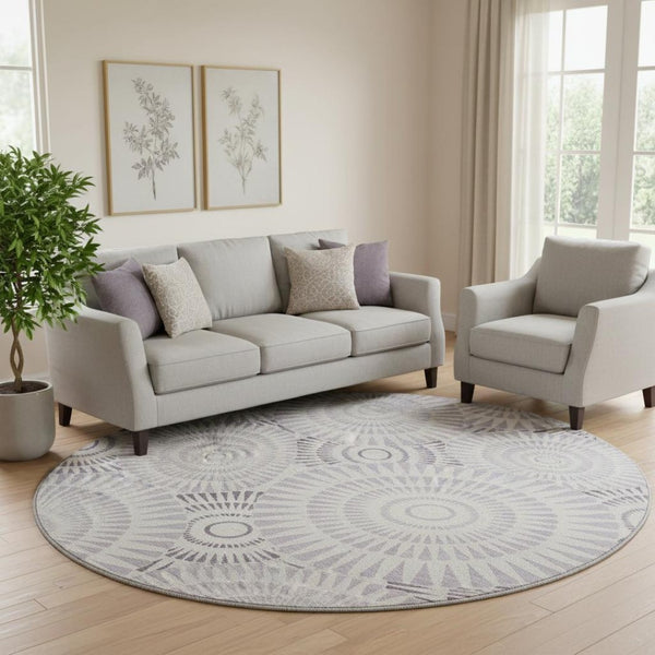 HomeRoots 8' Lavender and Ivory Geometric Round Rug - Washable, UV-Protected, Modern Design for Busy Homes 669802