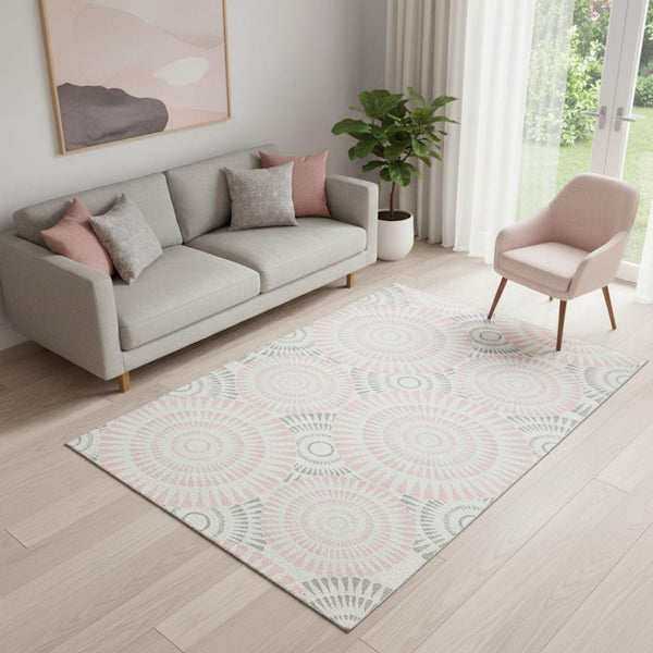 HomeRoots 5' X 8' Modern Pink, Ivory & Gray Geometric Washable Area Rug with UV Protection for Any Space 669807