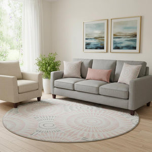 HomeRoots 8' Pink Ivory and Gray Geometric Round Rug - Washable, UV Protected, Durable for High-Traffic Areas 669808