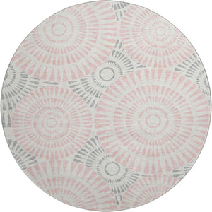 HomeRoots 8' Pink Ivory and Gray Geometric Round Rug - Washable, UV Protected, Durable for High-Traffic Areas 669808