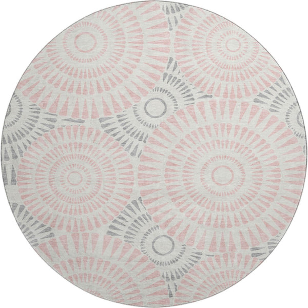 HomeRoots 8' Pink Ivory and Gray Geometric Round Rug - Washable, UV Protected, Durable for High-Traffic Areas 669808