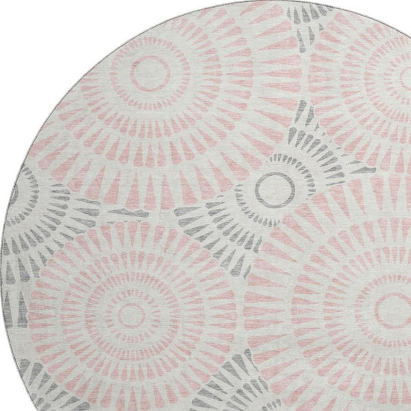 HomeRoots 8' Pink Ivory and Gray Geometric Round Rug - Washable, UV Protected, Durable for High-Traffic Areas 669808
