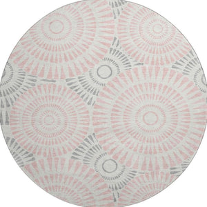 HomeRoots 8' Pink Ivory and Gray Geometric Round Rug - Washable, UV Protected, Durable for High-Traffic Areas 669808
