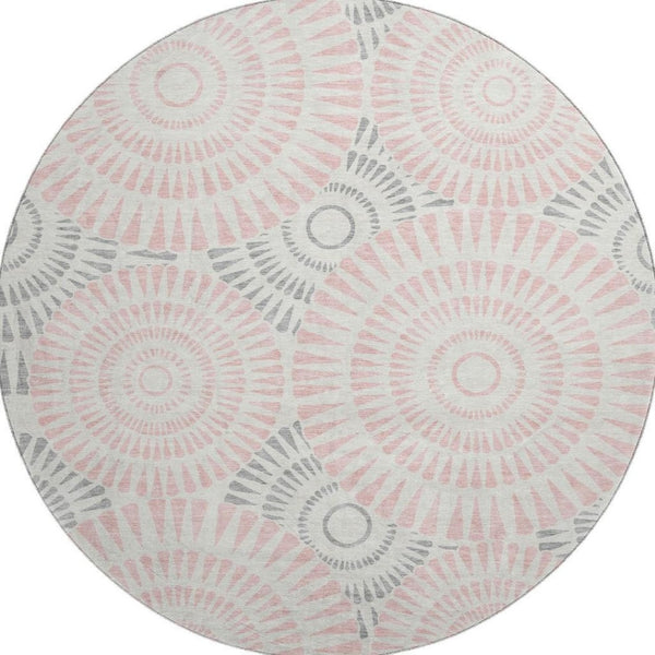 HomeRoots 8' Pink Ivory and Gray Geometric Round Rug - Washable, UV Protected, Durable for High-Traffic Areas 669808