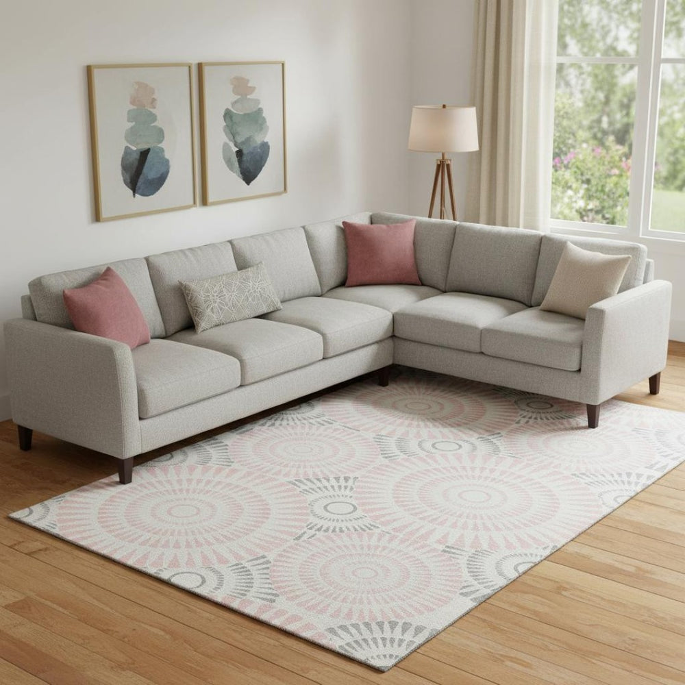 HomeRoots 9' X 12' Pink Ivory Gray Geometric Area Rug - Washable, UV Protected, Durable for Homes with Kids & Pets 669810