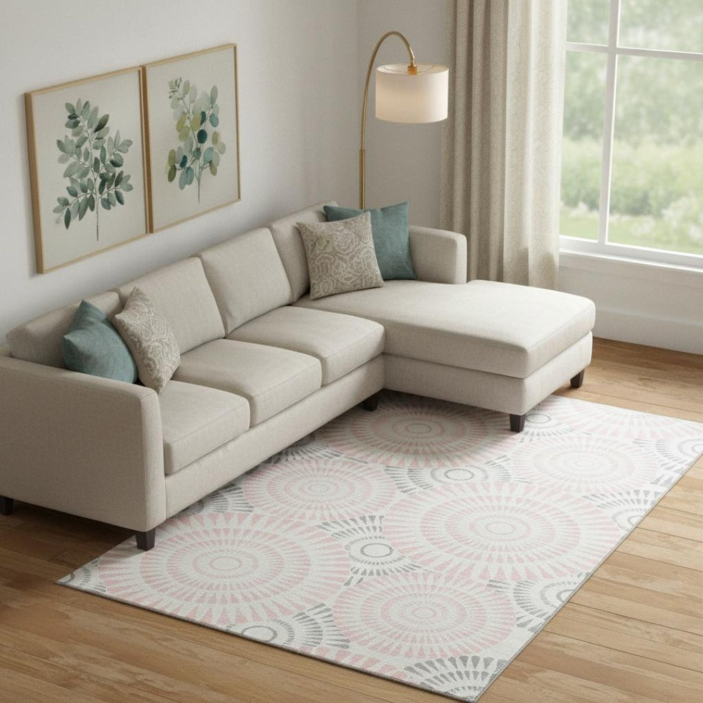 HomeRoots 10' X 14' Stylish Pink, Ivory & Gray Geometric Washable Area Rug with Stain Resistance & UV Protection 669811