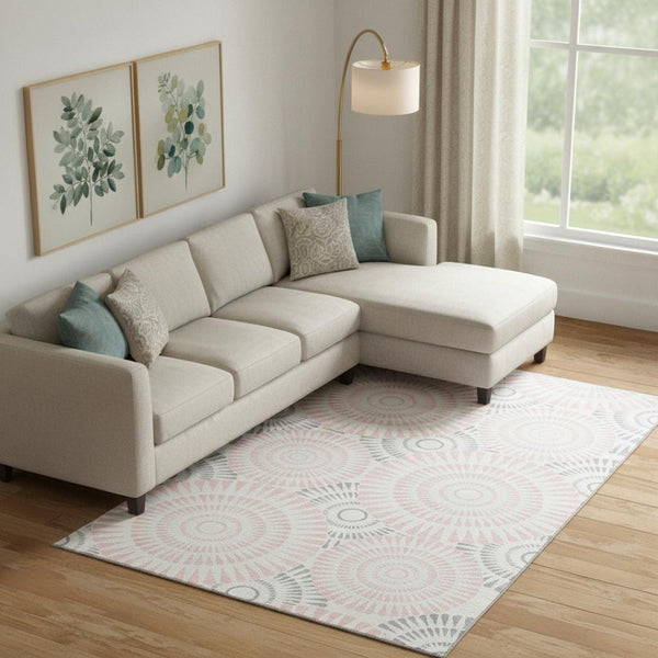 HomeRoots 10' X 14' Stylish Pink, Ivory & Gray Geometric Washable Area Rug with Stain Resistance & UV Protection 669811