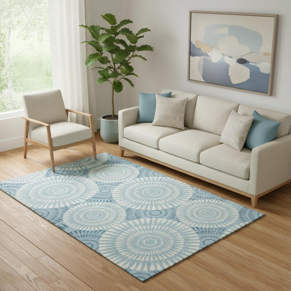 HomeRoots 5' X 8' Teal and Ivory Geometric Area Rug - Washable, UV Protected, Durable for Busy Homes & Stylish Spaces 669819