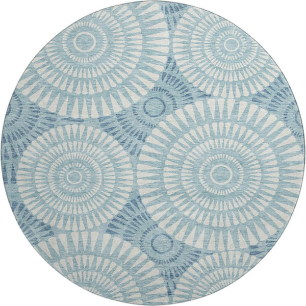 HomeRoots 8' Teal Geometric Round Rug – Washable, UV-Protected, Durable Design for Indoor & Outdoor Spaces 669820