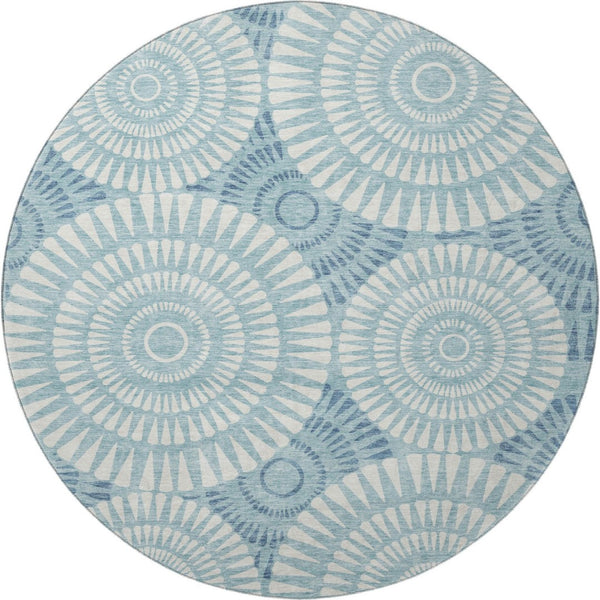 HomeRoots 8' Teal Geometric Round Rug – Washable, UV-Protected, Durable Design for Indoor & Outdoor Spaces 669820