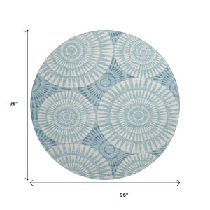HomeRoots 8' Teal Geometric Round Rug – Washable, UV-Protected, Durable Design for Indoor & Outdoor Spaces 669820