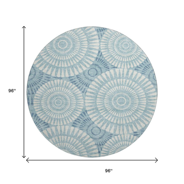 HomeRoots 8' Teal Geometric Round Rug – Washable, UV-Protected, Durable Design for Indoor & Outdoor Spaces 669820