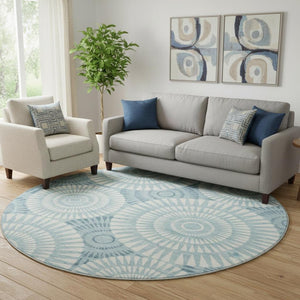 HomeRoots 8' Teal Geometric Round Rug – Washable, UV-Protected, Durable Design for Indoor & Outdoor Spaces 669820