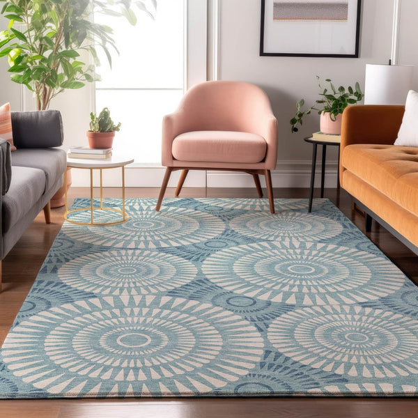 HomeRoots 9' X 12' Teal & Ivory Geometric Area Rug - Durable, Washable, UV Protected for High-Traffic Spaces 669822