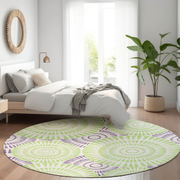 HomeRoots 8' Bold White, Green & Purple Geometric Round Rug - Washable, UV-Protected, Modern Style for Any Room 669826