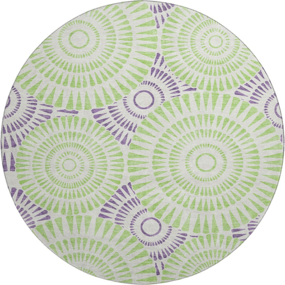 HomeRoots 8' Bold White, Green & Purple Geometric Round Rug - Washable, UV-Protected, Modern Style for Any Room 669826