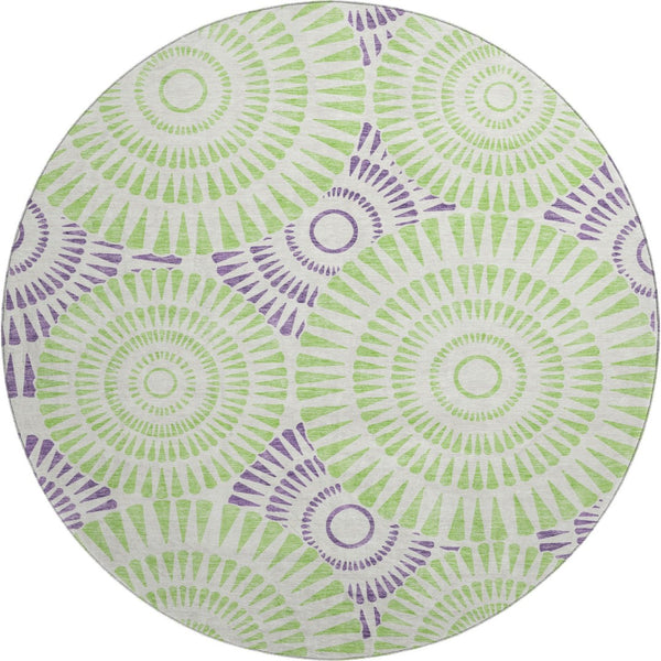 HomeRoots 8' Bold White, Green & Purple Geometric Round Rug - Washable, UV-Protected, Modern Style for Any Room 669826