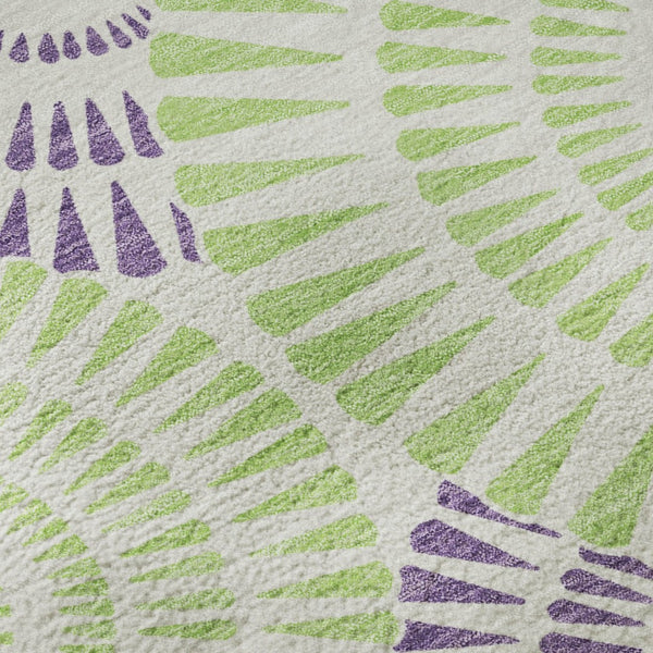 HomeRoots 8' Bold White, Green & Purple Geometric Round Rug - Washable, UV-Protected, Modern Style for Any Room 669826