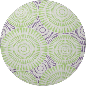 HomeRoots 8' Bold White, Green & Purple Geometric Round Rug - Washable, UV-Protected, Modern Style for Any Room 669826
