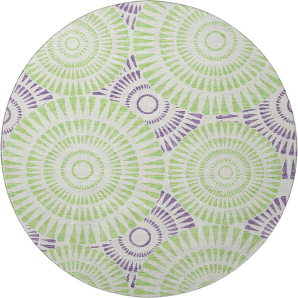 HomeRoots 8' Bold White, Green & Purple Geometric Round Rug - Washable, UV-Protected, Modern Style for Any Room 669826