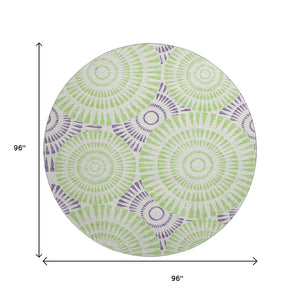 HomeRoots 8' Bold White, Green & Purple Geometric Round Rug - Washable, UV-Protected, Modern Style for Any Room 669826