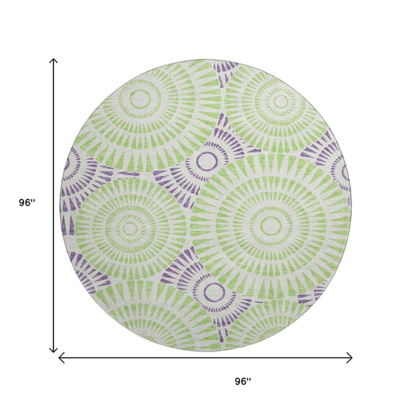 HomeRoots 8' Bold White, Green & Purple Geometric Round Rug - Washable, UV-Protected, Modern Style for Any Room 669826