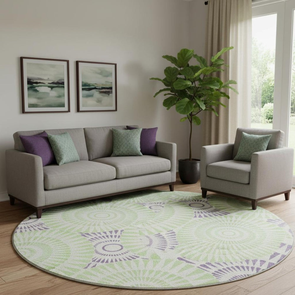 HomeRoots 8' Bold White, Green & Purple Geometric Round Rug - Washable, UV-Protected, Modern Style for Any Room 669826