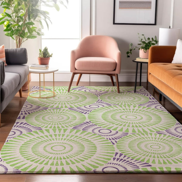 HomeRoots 10' Geometric Washable Area Rug in White, Green & Purple - UV Protected, Stain Resistant & Durable 669829