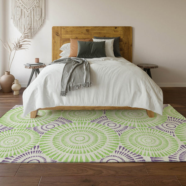 HomeRoots 10' Geometric Washable Area Rug in White, Green & Purple - UV Protected, Stain Resistant & Durable 669829