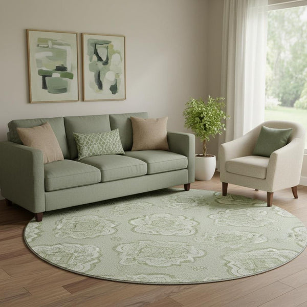 HomeRoots 8' Artichoke Green Medallion Washable Round Rug with UV Protection - Stylish & Durable for Any Space 669832